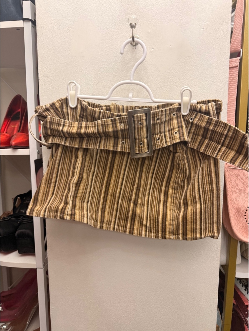 Striped Brown Mini Skirt with Belt